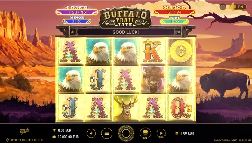 Schermata della slot Buffalo Trail con simboli di bufalo e ambientazione Western