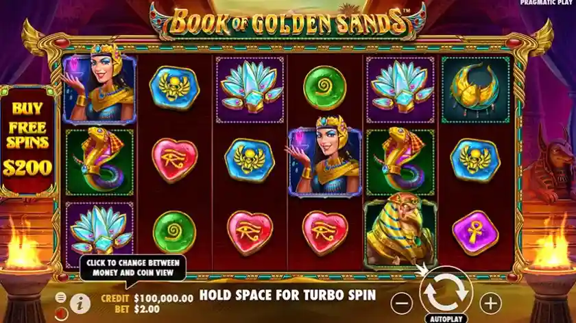 Funzione bonus attivata nella slot Book of Golden Sands con rulli espandibili