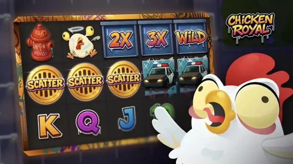 Schermata della slot Chicken Royal con simboli principali e gameplay su rulli 5×3.