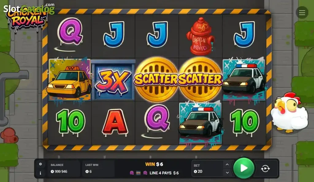 Chicken Royal slot – comparsa dei Wild x3 e simboli Scatter durante la partita.